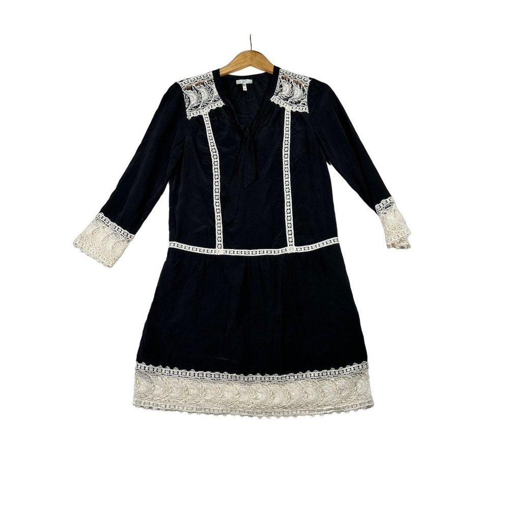 Joie 100%‎ Silk Lace Detail Long Sleeve Dress sz XXS Blue/White